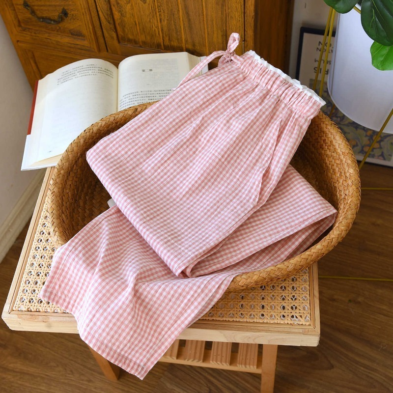 AliExpress 2026 New Spring And Autumn Women's Sleeper Pants 100% Cotton Lace Plaid Loose Casual Wide Leg Pants Home, view 2