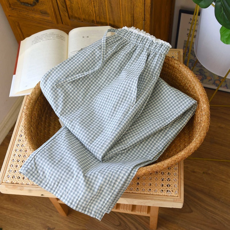AliExpress 2026 New Spring And Autumn Women's Sleeper Pants 100% Cotton Lace Plaid Loose Casual Wide Leg Pants Home, view 3