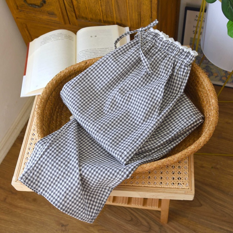 AliExpress 2026 New Spring And Autumn Women's Sleeper Pants 100% Cotton Lace Plaid Loose Casual Wide Leg Pants Home, view 4