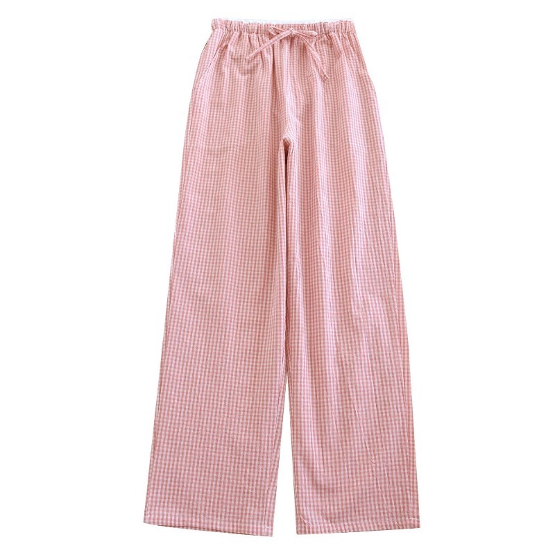 AliExpress 2026 New Spring And Autumn Women's Sleeper Pants 100% Cotton Lace Plaid Loose Casual Wide Leg Pants Home, view 5