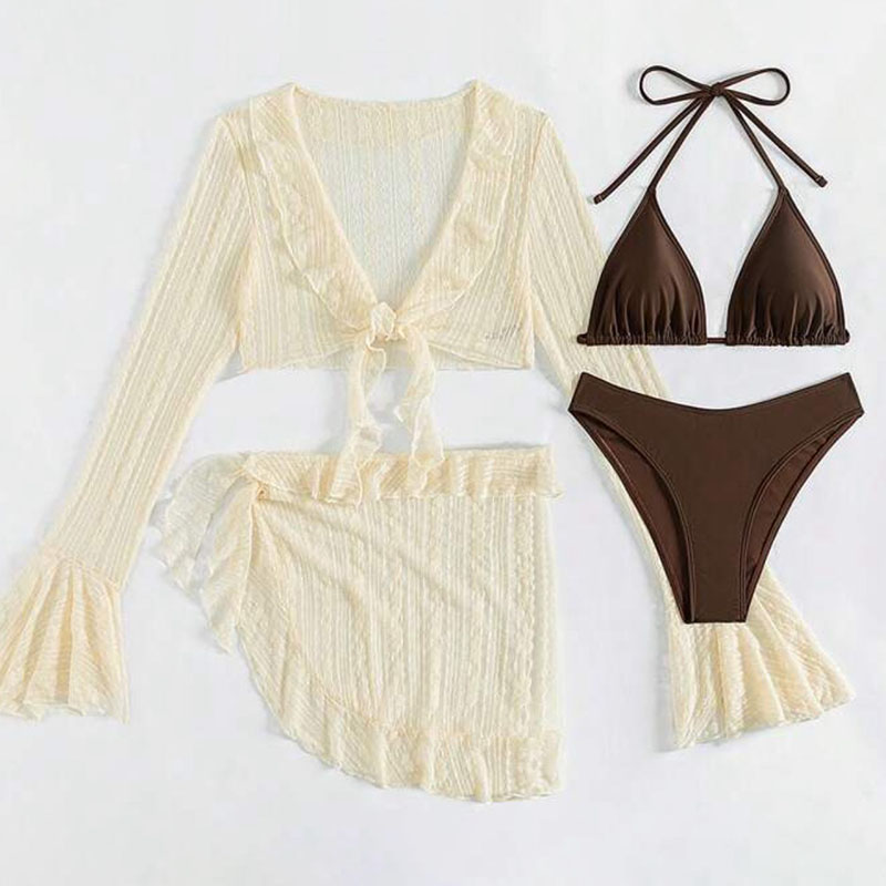 AliExpress 2026 Sexy Four-piece Women Swimsuit Long-sleeve Cover-up Swimwear Summer Solid Bikini Set Brazilian Beachwear Party bathing suit, view 5