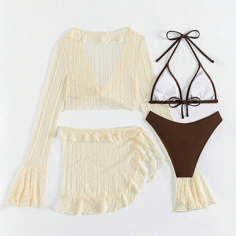 AliExpress 2026 Sexy Four-piece Women Swimsuit Long-sleeve Cover-up Swimwear Summer Solid Bikini Set Brazilian Beachwear Party bathing suit, view 6
