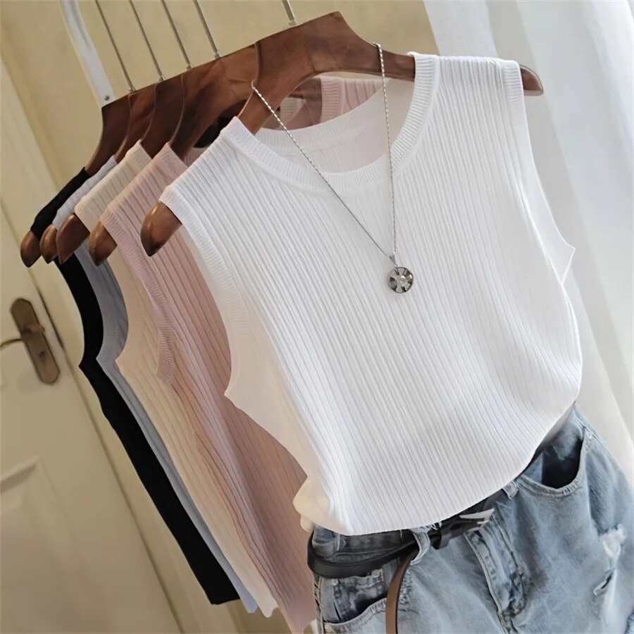 AliExpress 2026 Summer New Fashion Knitted Vests O-neck Sleeveless Casual Thin Tops Sleeveless Blouse Women Shirt