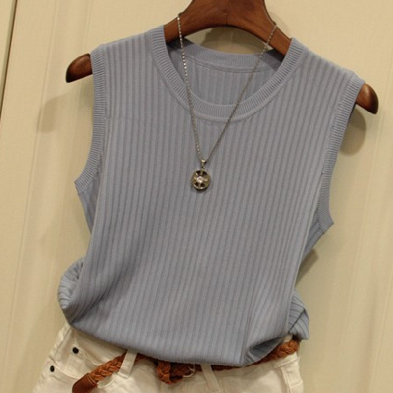 AliExpress 2026 Summer New Fashion Knitted Vests O-neck Sleeveless Casual Thin Tops Sleeveless Blouse Women Shirt, view 3