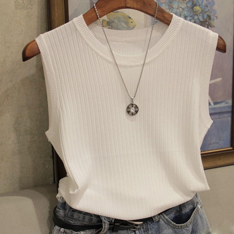 AliExpress 2026 Summer New Fashion Knitted Vests O-neck Sleeveless Casual Thin Tops Sleeveless Blouse Women Shirt, view 4