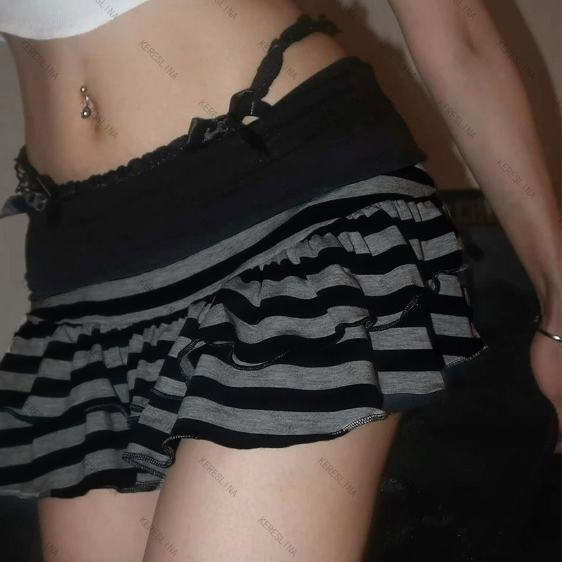 AliExpress 2026 Summer New Women's Wear Y2K Grunge Black and Grey Striped Ruffle Mini Skirt High Waist Elastic Waist Tight A-line Skirt