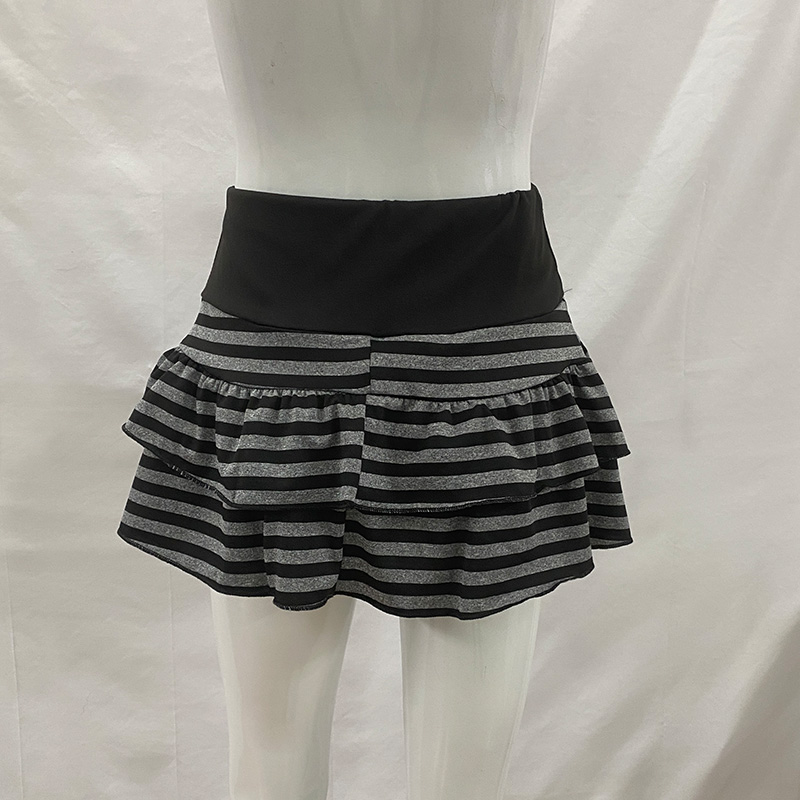 AliExpress 2026 Summer New Women's Wear Y2K Grunge Black and Grey Striped Ruffle Mini Skirt High Waist Elastic Waist Tight A-line Skirt, view 5