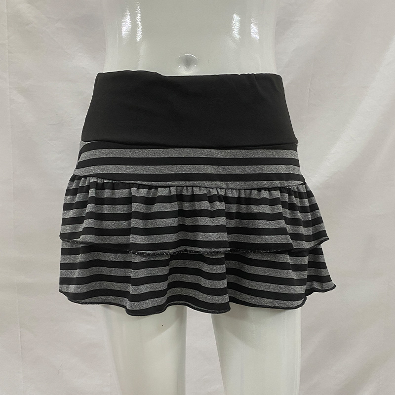 AliExpress 2026 Summer New Women's Wear Y2K Grunge Black and Grey Striped Ruffle Mini Skirt High Waist Elastic Waist Tight A-line Skirt, view 6