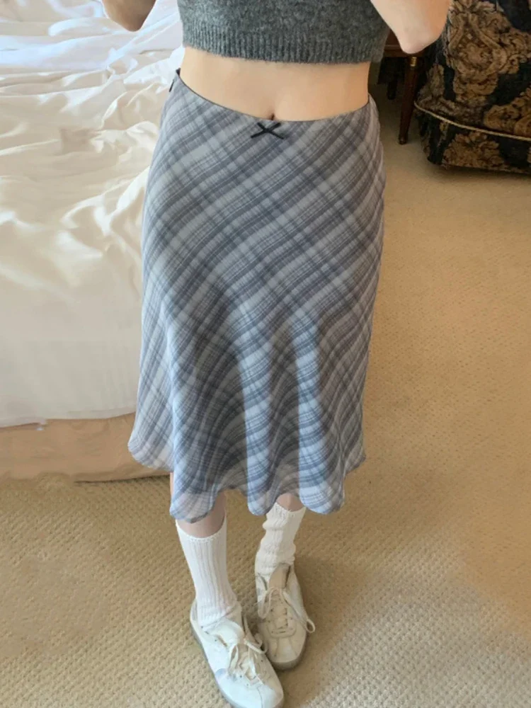 AliExpress 2026 Summer Vintage Midi Plaid Striped Print Skirts Women Sweet Loose Pleated Ladies Skirt High Waist Korean Style Woman Skirts