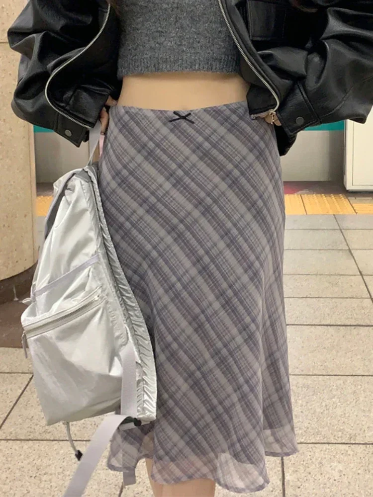 AliExpress 2026 Summer Vintage Midi Plaid Striped Print Skirts Women Sweet Loose Pleated Ladies Skirt High Waist Korean Style Woman Skirts, view 3