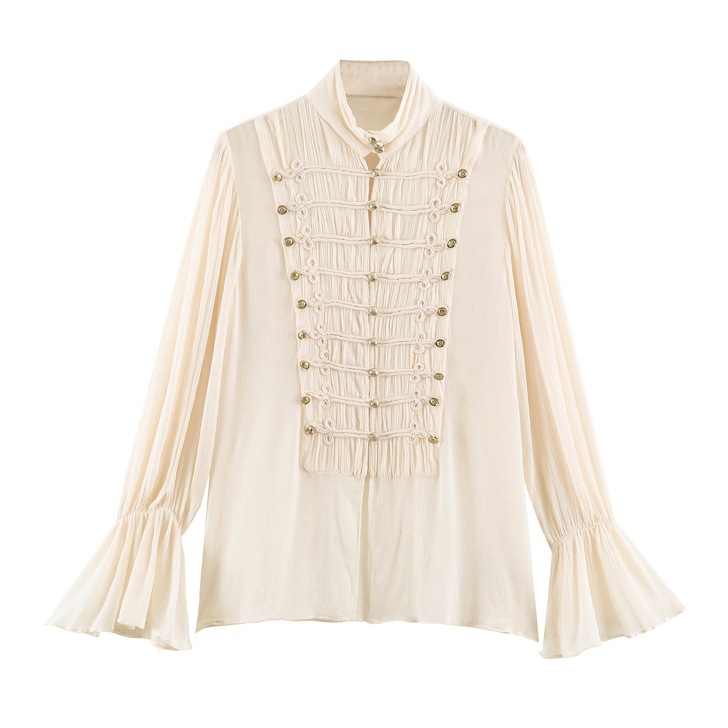 AliExpress 2026 Summer Women's Vintage Chinese Knotted Button UP Long Flare Sleeve Shirts Lady Elegant Loose Ruffles Stand Collar Blouses