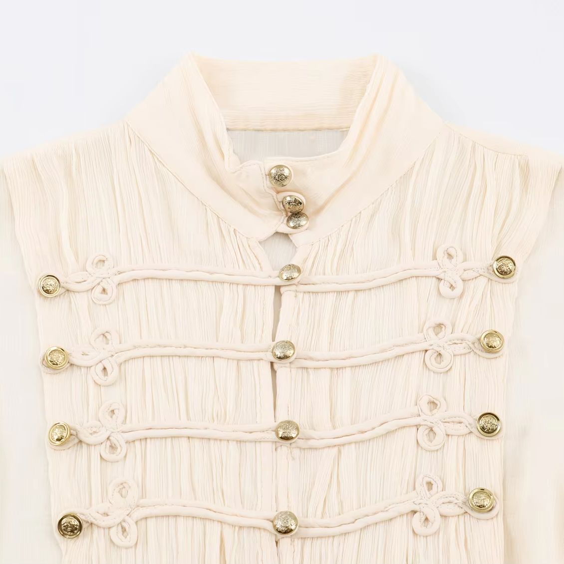 AliExpress 2026 Summer Women's Vintage Chinese Knotted Button UP Long Flare Sleeve Shirts Lady Elegant Loose Ruffles Stand Collar Blouses, view 3