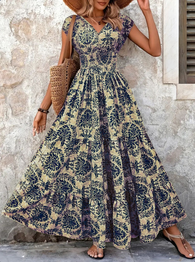 AliExpress 2026 Vintage Floral Print Dress Elegant V-Neck Short Sleeve Long Women's Fashion Retro Gown