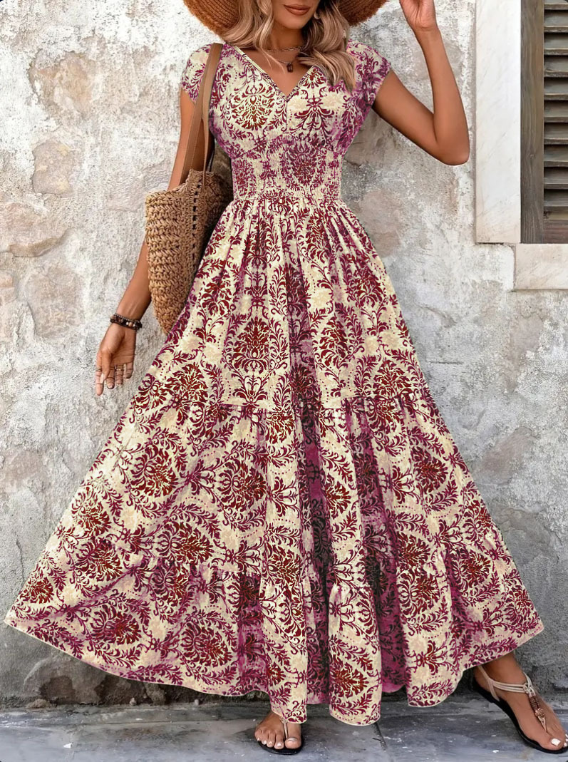AliExpress 2026 Vintage Floral Print Dress Elegant V-Neck Short Sleeve Long Women's Fashion Retro Gown, view 2