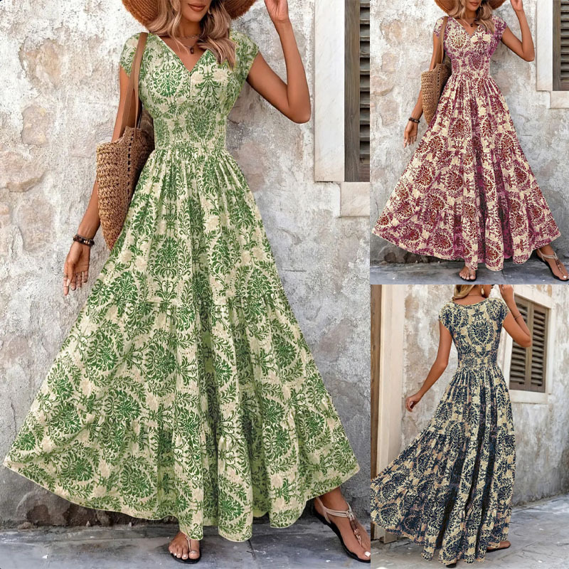 AliExpress 2026 Vintage Floral Print Dress Elegant V-Neck Short Sleeve Long Women's Fashion Retro Gown, view 6
