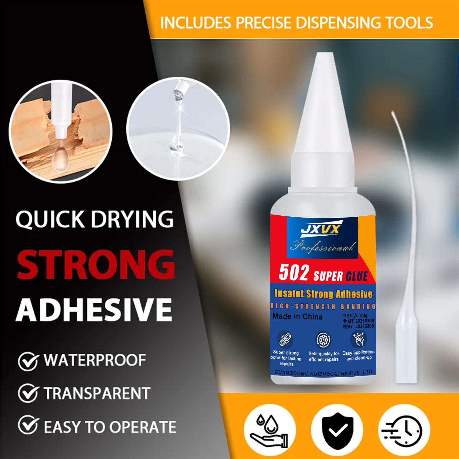 AliExpress 20g 502 Multi-Purpose Super Glue Instant Quick-drying Cyanoacrylate Waterproof Adhesive Leather Rubber Glass Wood Metal Strong Bond Liquid Glue Tool Includes precision dispenser 1-10pcs., view 3