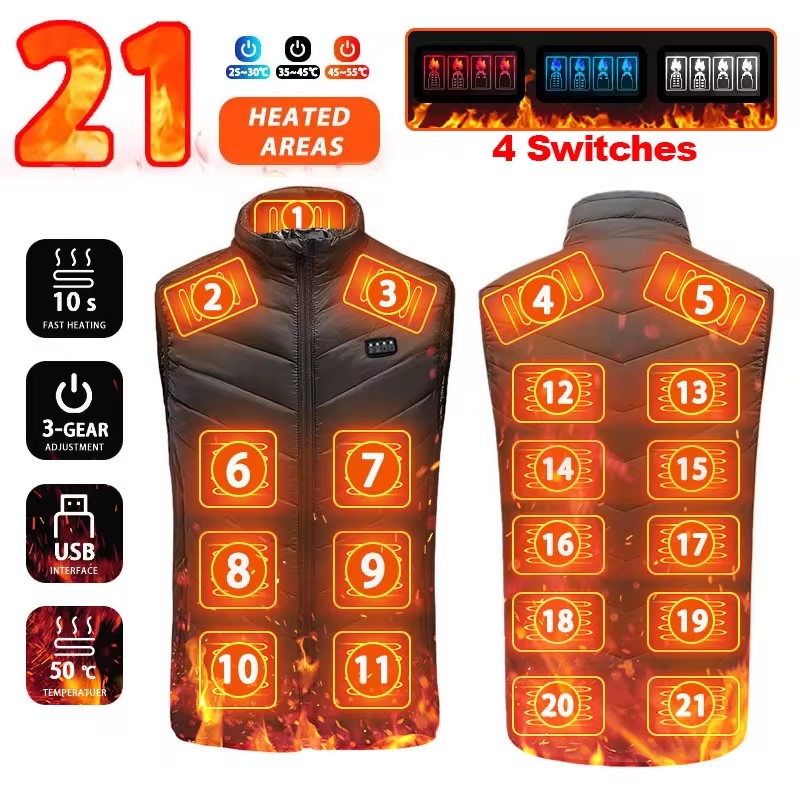 AliExpress 21 Heated Vest Zones Electric Heated Jackets Men Women Sportswear Heated Coat Graphene Heat Coat USB Heating Jacket For Camping