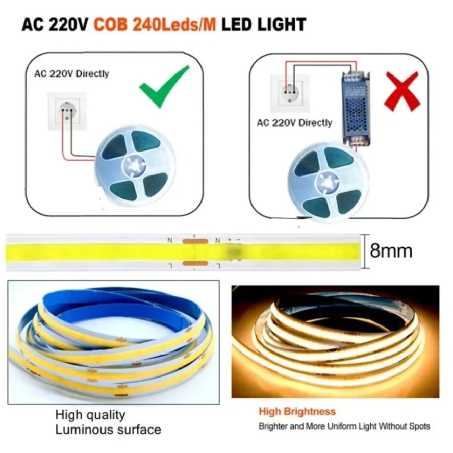 AliExpress 220V Dimmable COB LED Strip Light, 240 LEDs/m, view 4