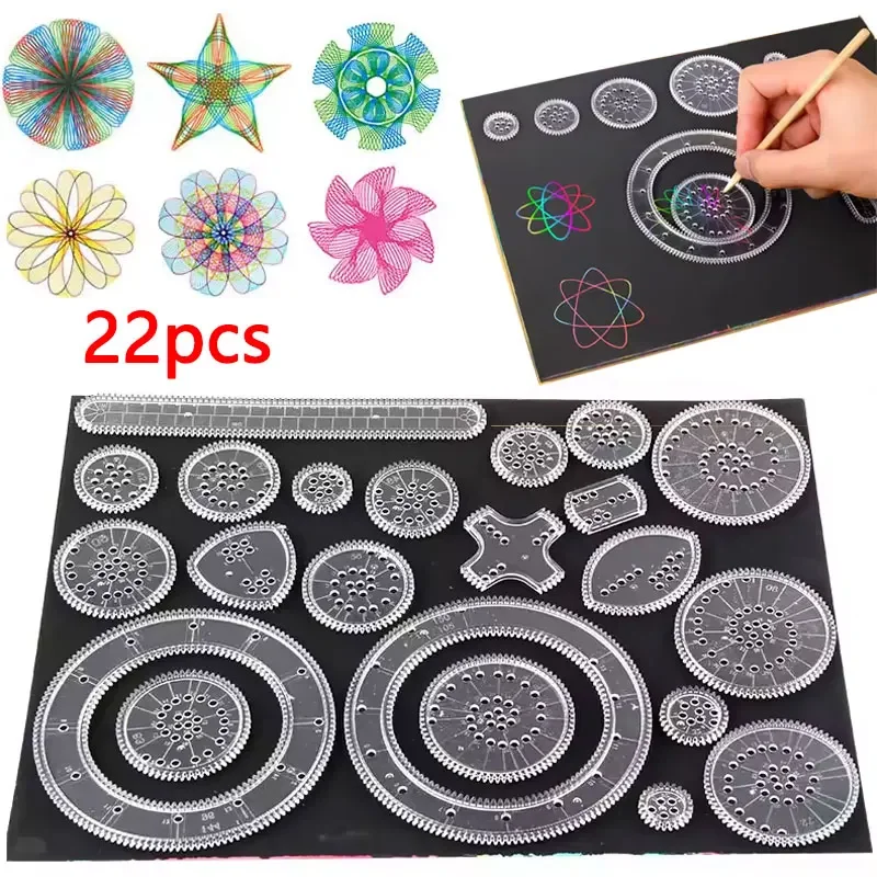 AliExpress 22pcs Spirograph Drawing Kaleidoscope Ruler Set Geometry Ruler Math Roulette Drawing Tool Learning Drawing Toy Art Tool, view 2