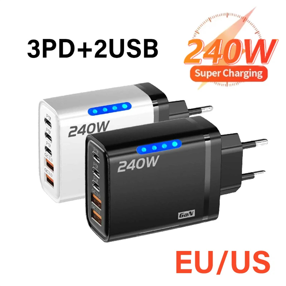 AliExpress 240W GaN 5 in 1 Fast Charging Phone Charger USB C Charger Power Adapter Type C EU/US Plug Wall Charger For iPhone Samsung Xiaomi