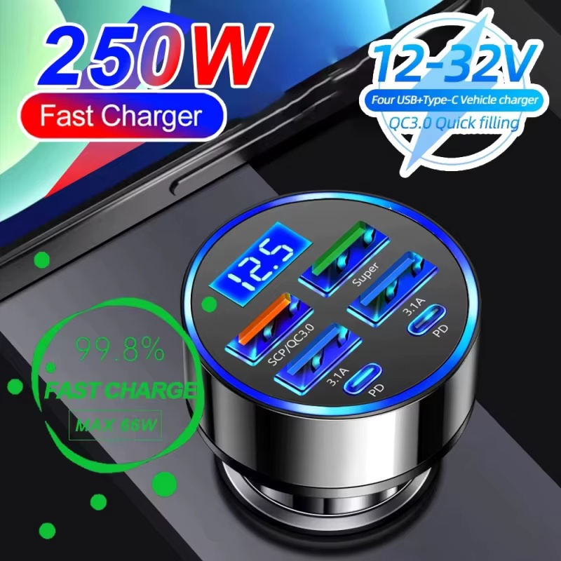 AliExpress 250W PD Car Charger QC3.0 Fast Charge One to Six Car Cigarette Lighter Plug 5 Port Car Charger Flash Charge with Digital Display