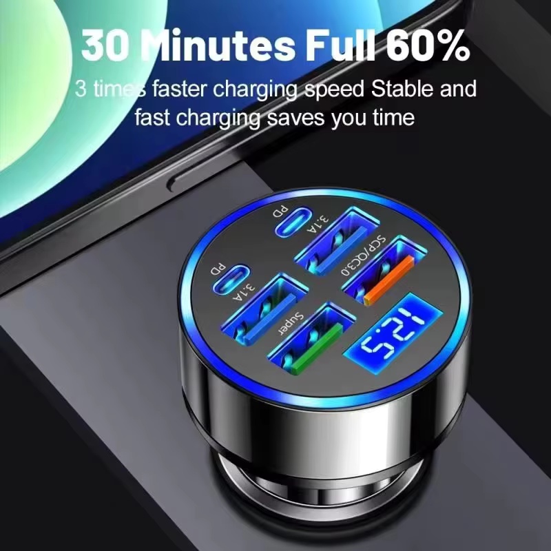 AliExpress 250W PD Car Charger QC3.0 Fast Charge One to Six Car Cigarette Lighter Plug 5 Port Car Charger Flash Charge with Digital Display, view 3