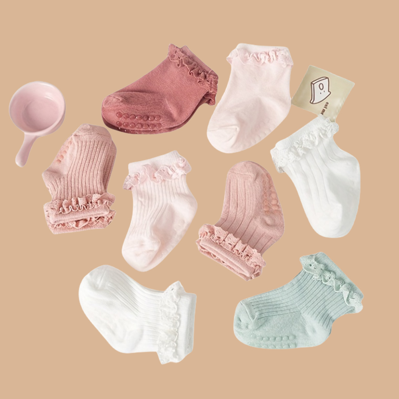 AliExpress 2pairs/lot Children's non slip socks for infants and young children 0-6 months girls' solid colored lace socks baby floor socks