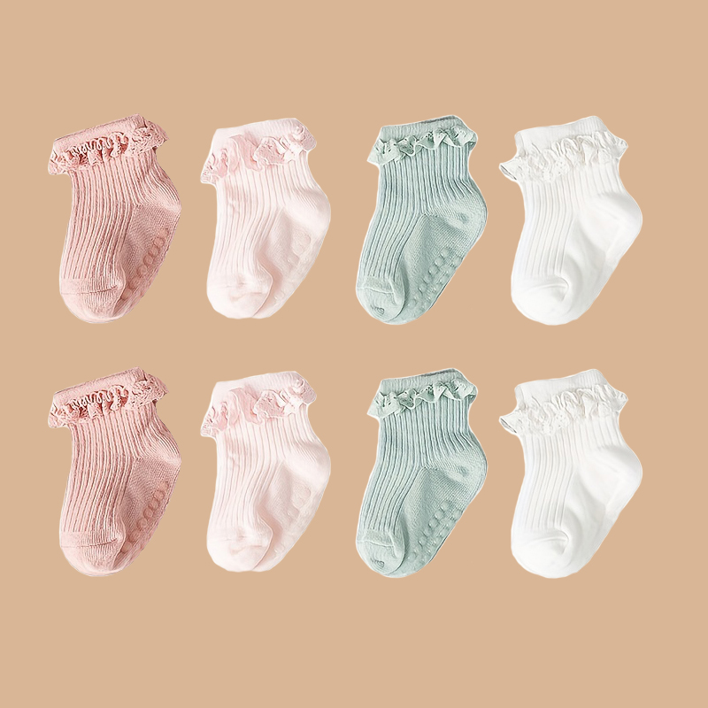 AliExpress 2pairs/lot Children's non slip socks for infants and young children 0-6 months girls' solid colored lace socks baby floor socks, view 2