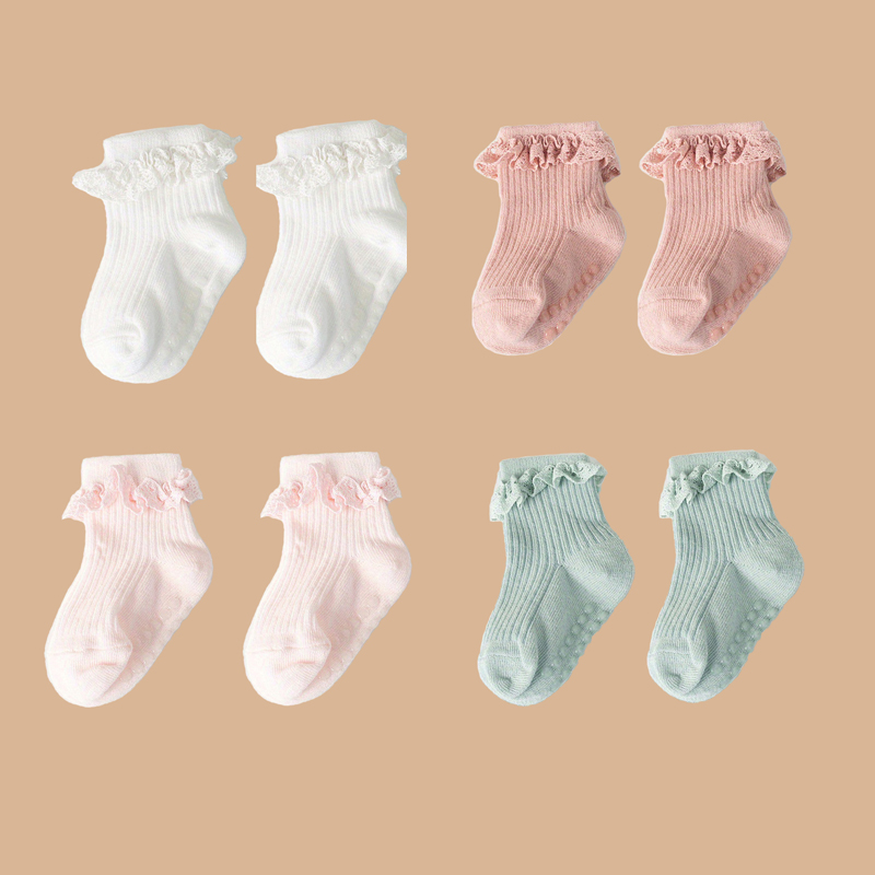 AliExpress 2pairs/lot Children's non slip socks for infants and young children 0-6 months girls' solid colored lace socks baby floor socks, view 3