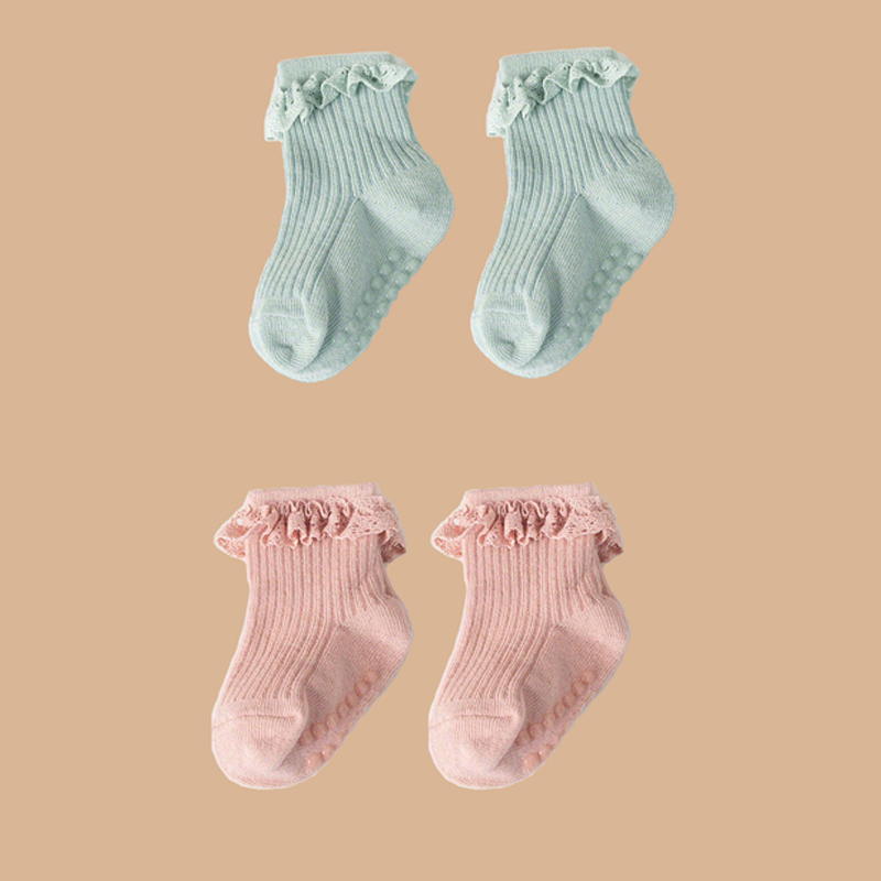AliExpress 2pairs/lot Children's non slip socks for infants and young children 0-6 months girls' solid colored lace socks baby floor socks, view 4