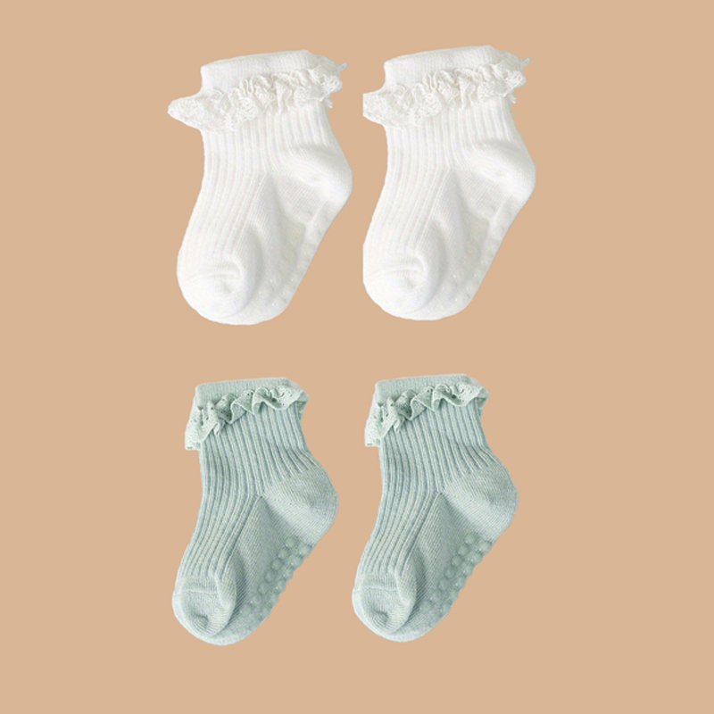AliExpress 2pairs/lot Children's non slip socks for infants and young children 0-6 months girls' solid colored lace socks baby floor socks, view 5