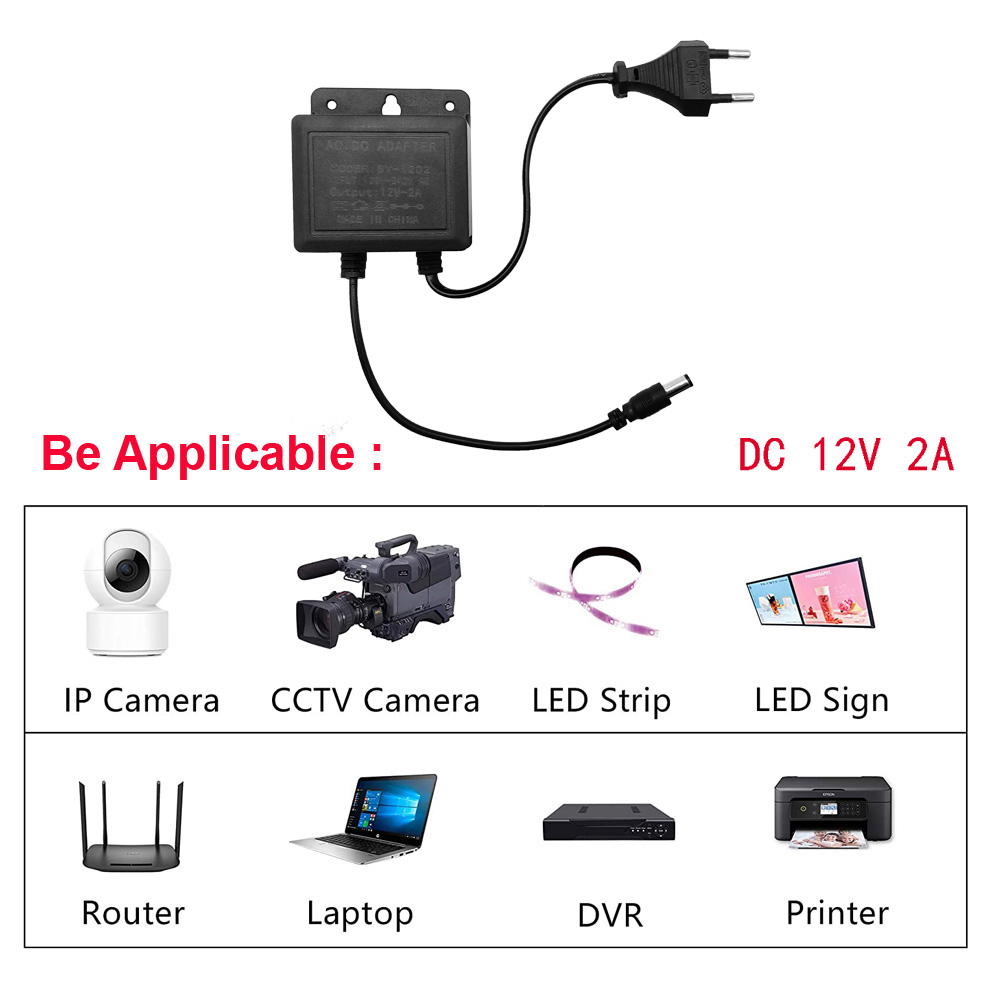 AliExpress 2pcs DC12V 2A EU Plug Power Adapter Waterproof Black For CCTV Security Surveillance AHD Camera Charger NVR DVR Input AC100V-240V, view 6