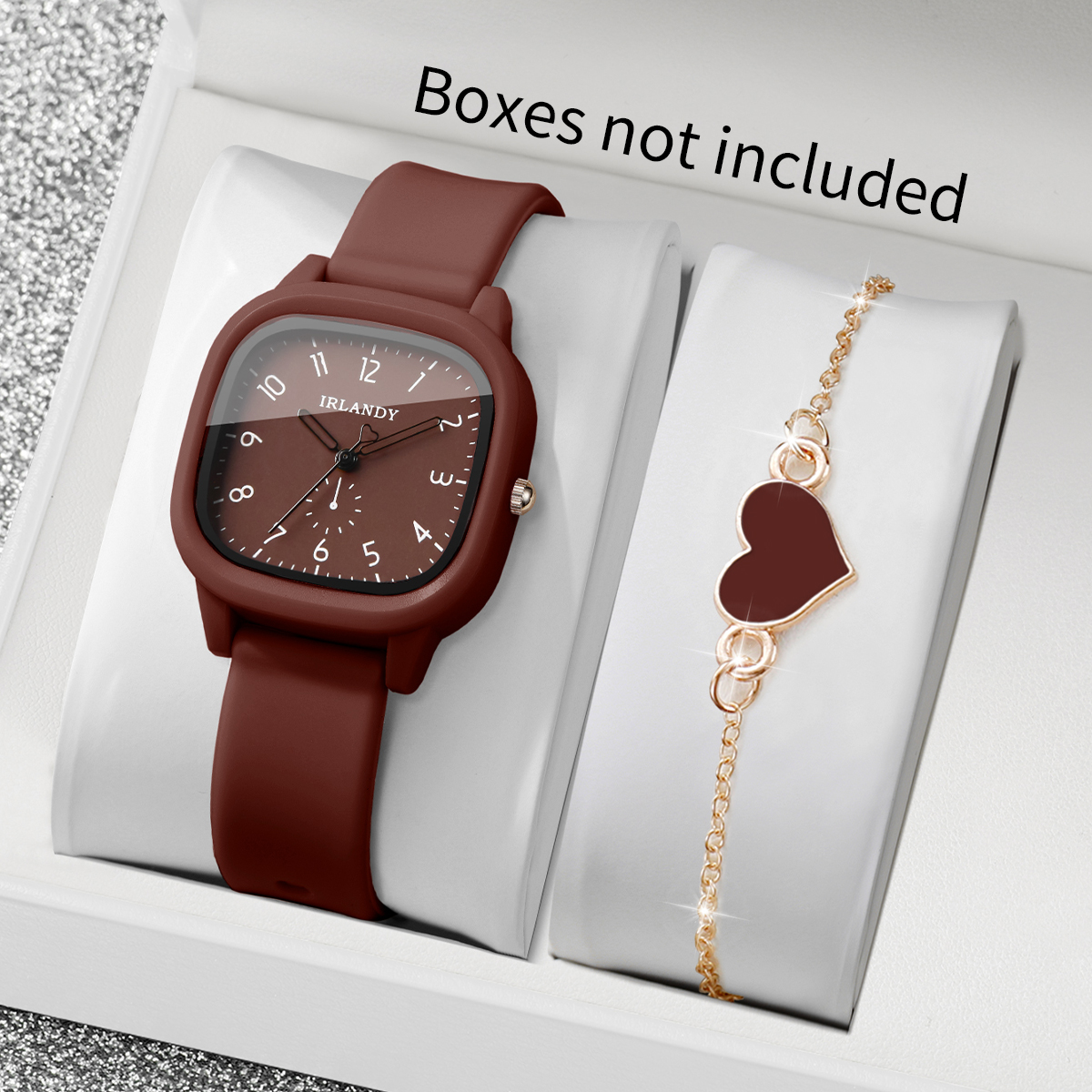 AliExpress 2PCS Fashion Arabic Dial Women Quartz Watch Heart Bracelet Set Square Silicone Strap Wristwatches Reloj Mujer (Without Box)