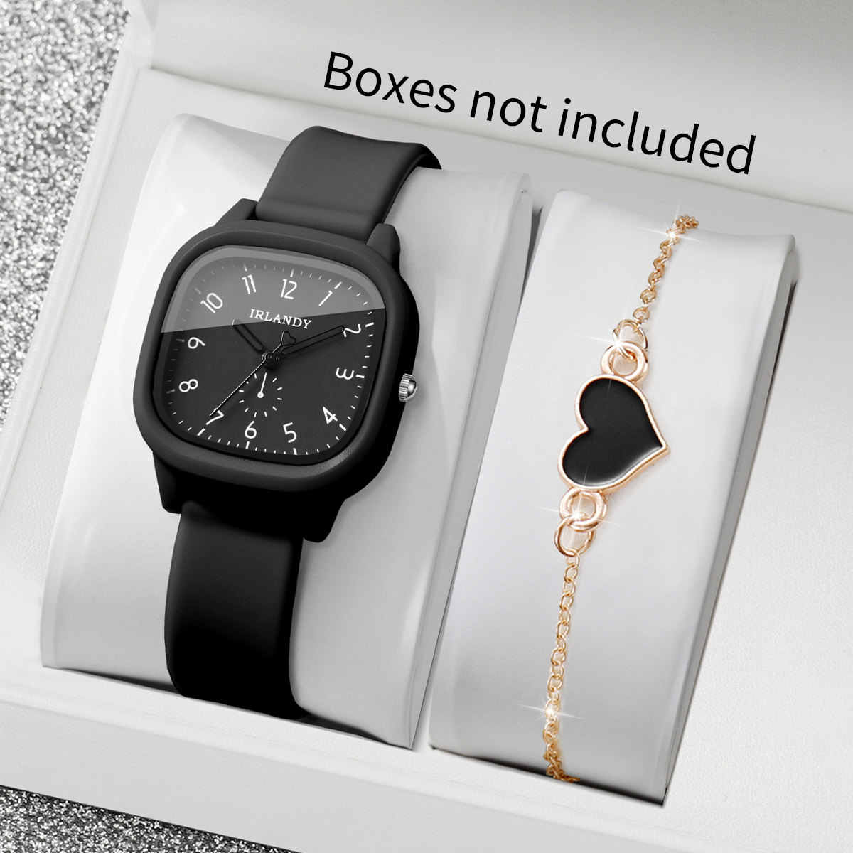 AliExpress 2PCS Fashion Arabic Dial Women Quartz Watch Heart Bracelet Set Square Silicone Strap Wristwatches Reloj Mujer (Without Box), view 2
