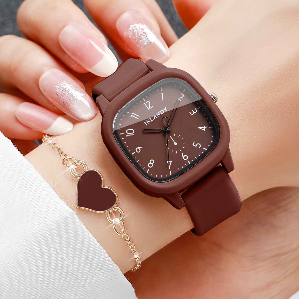 AliExpress 2PCS Fashion Arabic Dial Women Quartz Watch Heart Bracelet Set Square Silicone Strap Wristwatches Reloj Mujer (Without Box), view 3