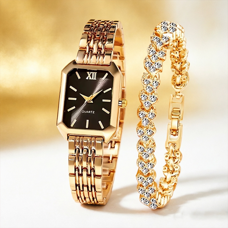 AliExpress Women's Rectangular Quartz Watch Set with Love Bracelet