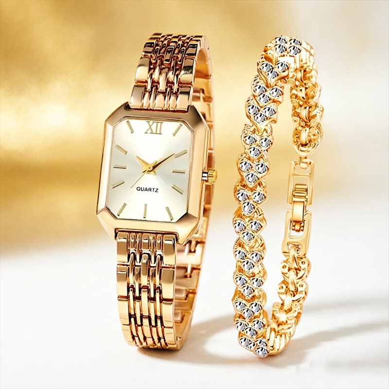 AliExpress Women's Rectangular Quartz Watch Set with Love Bracelet, view 2