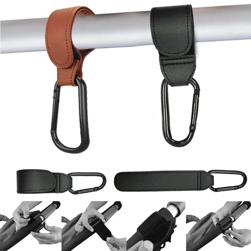 AliExpress 2Pcs Leather Cart Hooks Baby Stroller Hook PU Adjustable Pram Hook Organizer Diaper Bag Hanger Children Travel Accessories, view 5