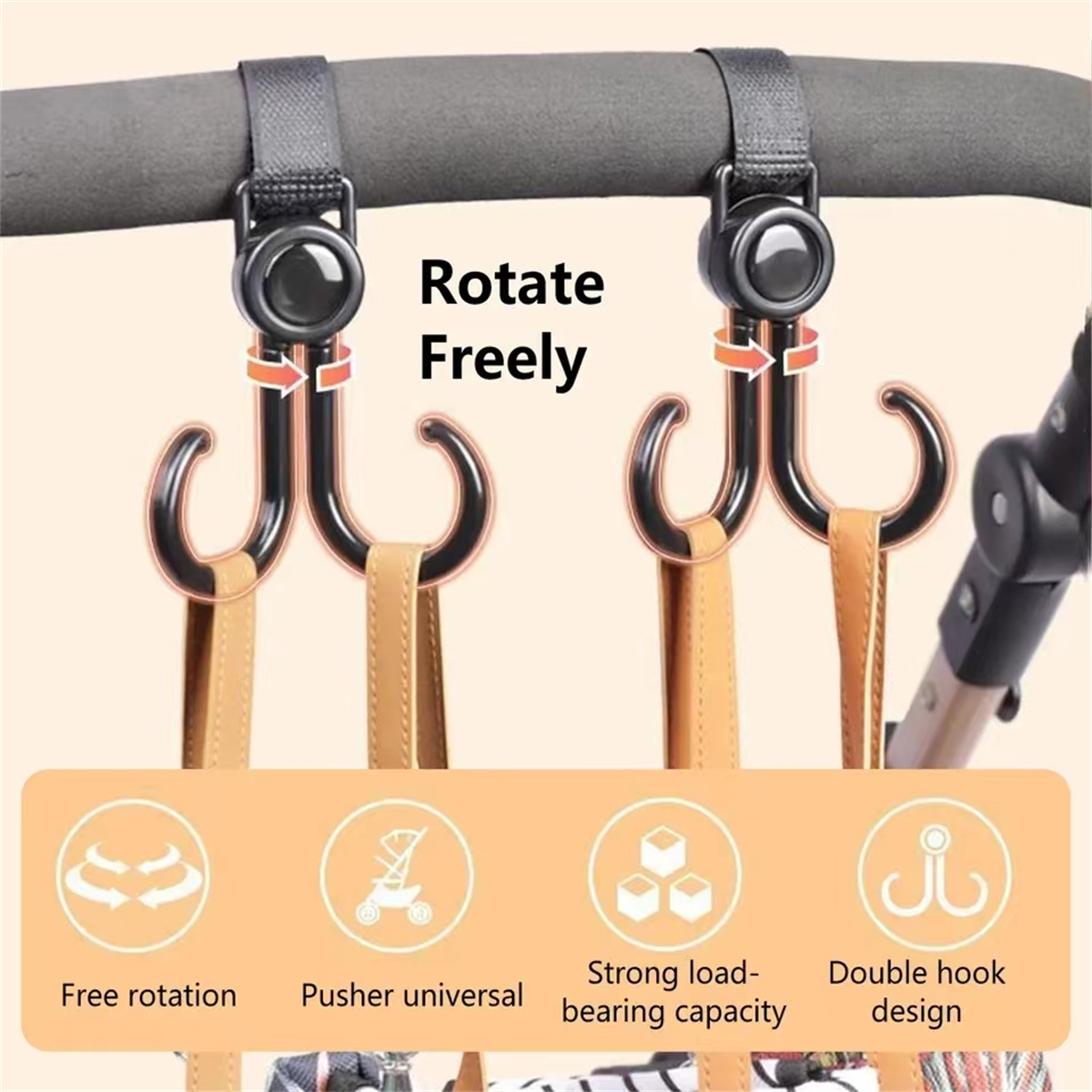 AliExpress 2pcs PU Leather Baby Bag Stroller Hook Pram Rotate 360 Degree Rotatable Cart Organizer Pram Hook Crochet Stroller Accessories, view 3