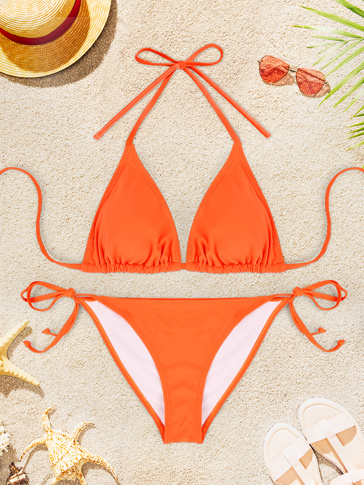 AliExpress 2Pcs Sexy Bikini Swimsuit For Women Solid Color Swimwear Summer Bathing Suits Females Backless Beachwear Halter Swimwear