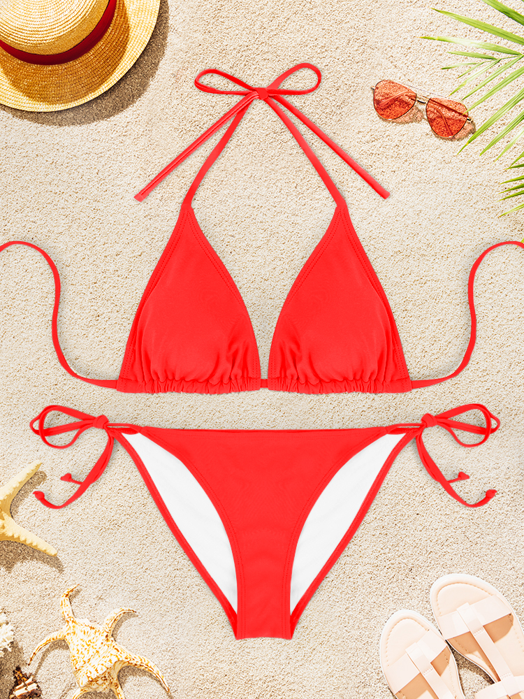 AliExpress 2Pcs Sexy Bikini Swimsuit For Women Solid Color Swimwear Summer Bathing Suits Females Backless Beachwear Halter Swimwear, view 4