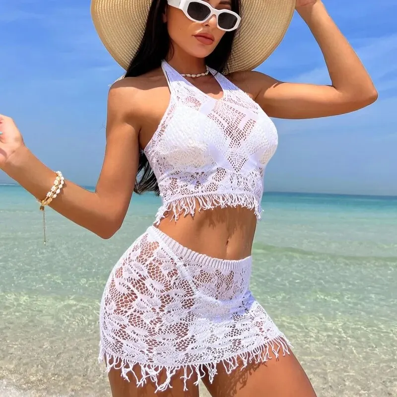 AliExpress 2PCS Sexy Women Fishnet Cover Ups Hollow Out Bodycon Women's Swimwear See through Tassel Dress without Bikini Beachwear, view 2