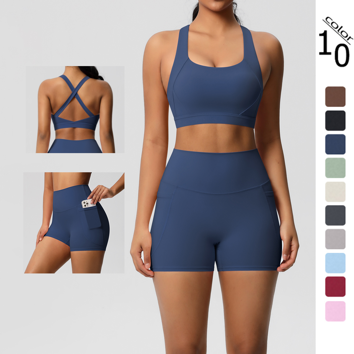 AliExpress 2PCS Sportswear With Pocketed Yoga Set Gym Clothes Yoga Suits For Women Tracksuits Sports Shorts Crossover Bra Gym Leggings