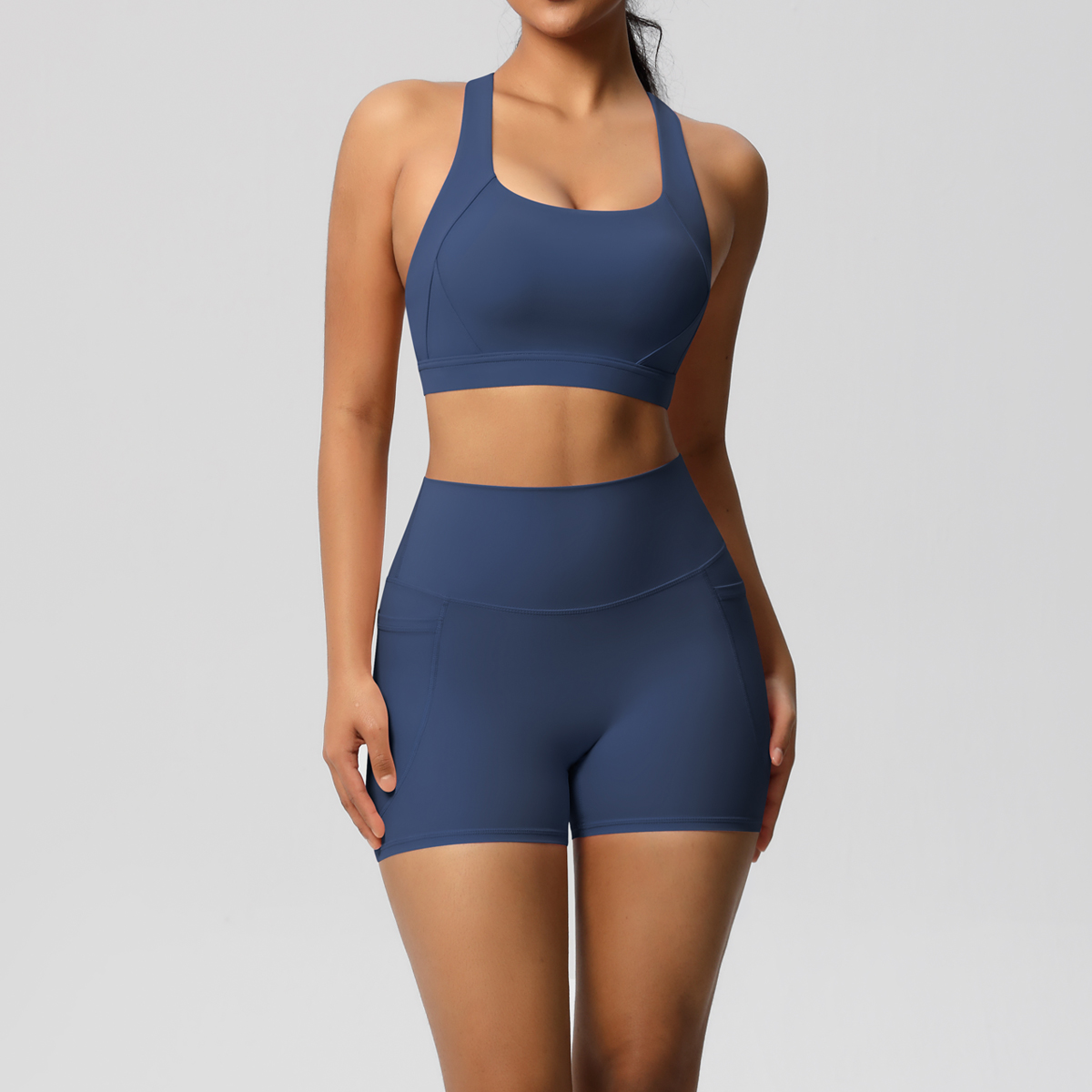 AliExpress 2PCS Sportswear With Pocketed Yoga Set Gym Clothes Yoga Suits For Women Tracksuits Sports Shorts Crossover Bra Gym Leggings, view 3
