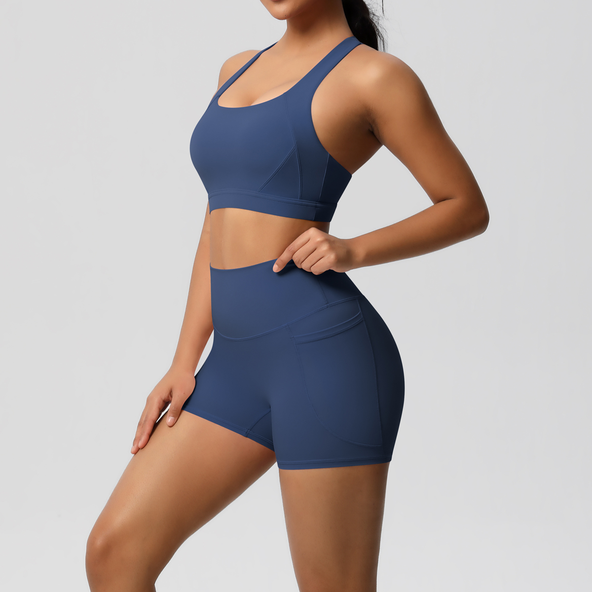 AliExpress 2PCS Sportswear With Pocketed Yoga Set Gym Clothes Yoga Suits For Women Tracksuits Sports Shorts Crossover Bra Gym Leggings, view 4
