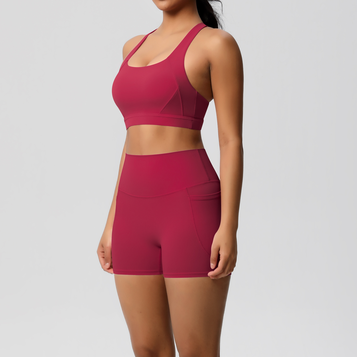 AliExpress 2PCS Sportswear With Pocketed Yoga Set Gym Clothes Yoga Suits For Women Tracksuits Sports Shorts Crossover Bra Gym Leggings, view 5