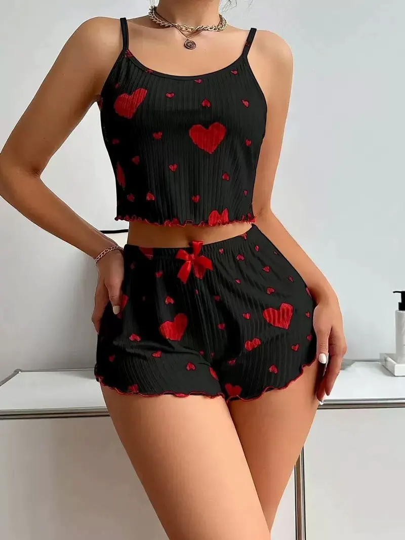 AliExpress 2pcs Women's Pajama Set Sexy Cute Kawaii Pajamas Women Suspenders Sun-Tops Loungewear Set Shorts Y2K Lolita Heart Silk Sleepwear, view 3