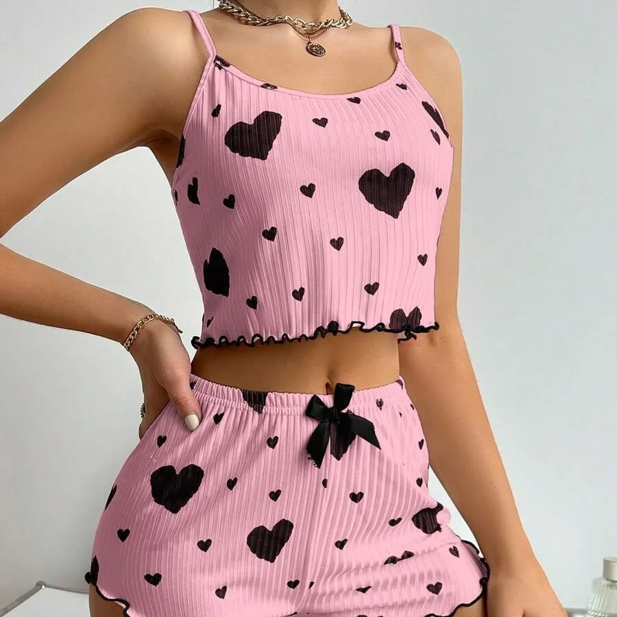 AliExpress 2pcs Women's Pajama Set Sexy Cute Kawaii Pajamas Women Suspenders Sun-Tops Loungewear Set Shorts Y2K Lolita Heart Silk Sleepwear, view 4