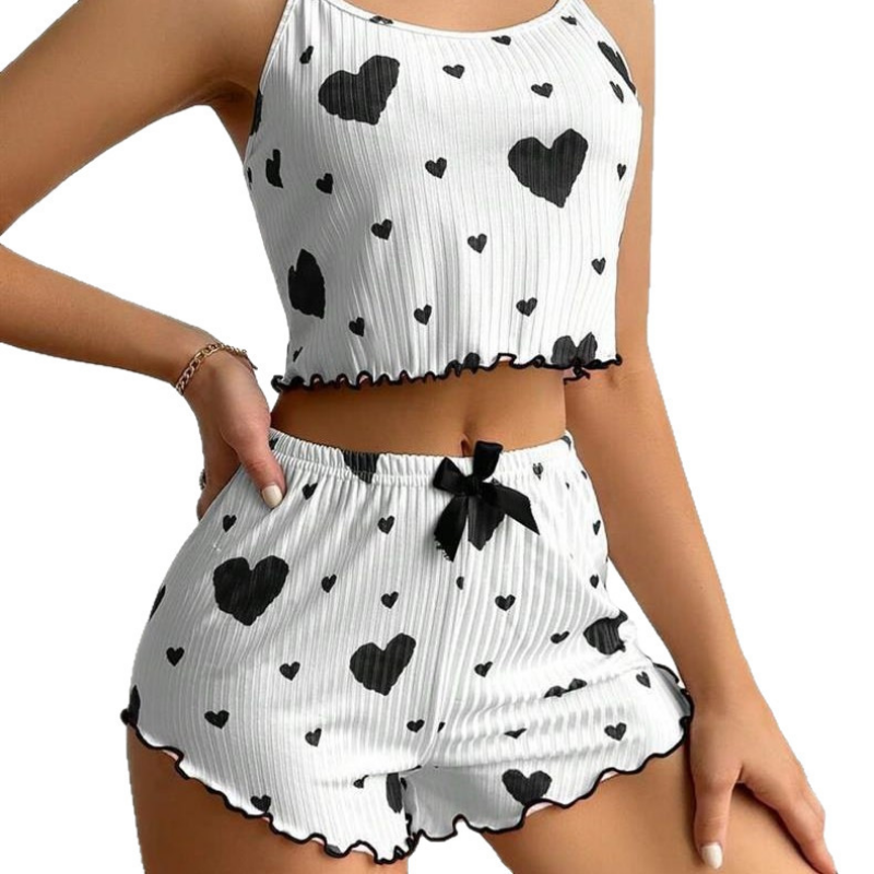 AliExpress 2pcs Women's Pajama Set Sexy Cute Kawaii Pajamas Women Suspenders Sun-Tops Loungewear Set Shorts Y2K Lolita Heart Silk Sleepwear, view 6
