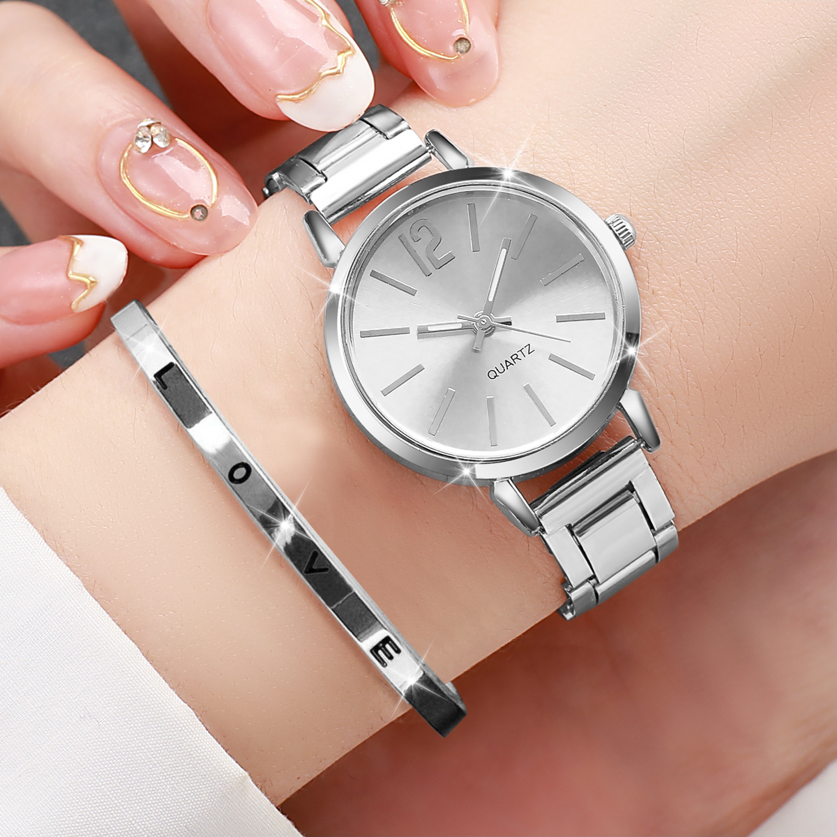 AliExpress Women's Gold Steel Quartz Watch and Cuff Set, view 3
